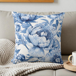 Botanisches Blau-Weiß-Elegantes Blumenmuster Kissen