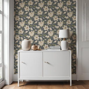 Botanisches blaues, beiges, florales Muster Tapete