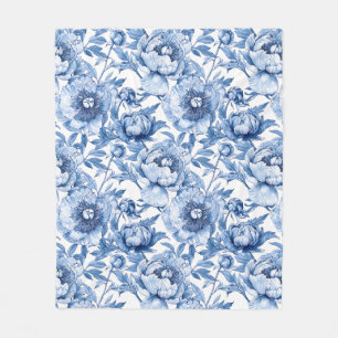 Botanisches Blaues Blumenporzellan mit zarten Blum Fleecedecke