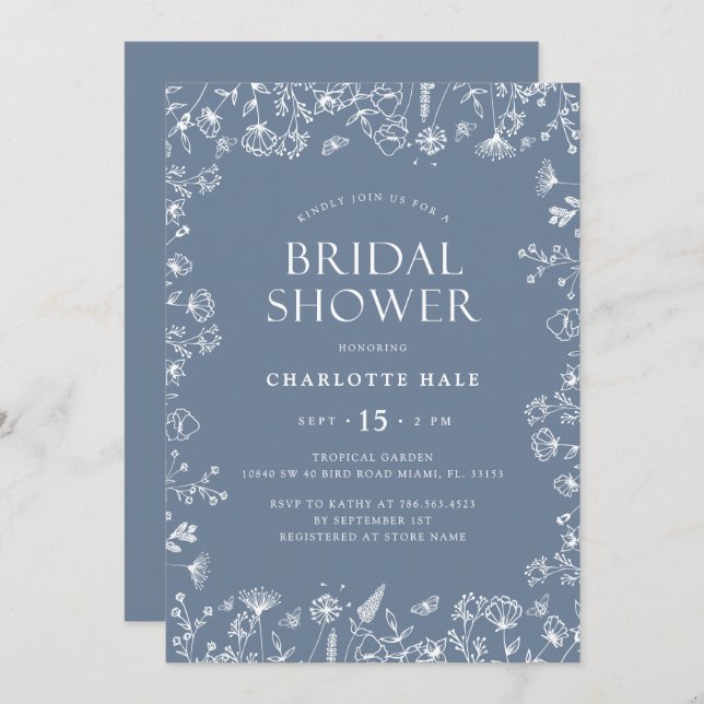 Botanisches Blaues Brautparty Einladung (Vorne/Hinten)