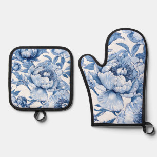 Botanisches blaues Flor Delikate Porzellan Blume Ofenhandschuh & Topflappen-Set