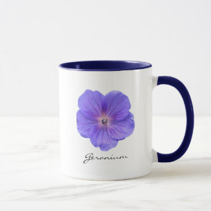Botanisches blaues Pelargonie-Blumen-Foto mit Tasse