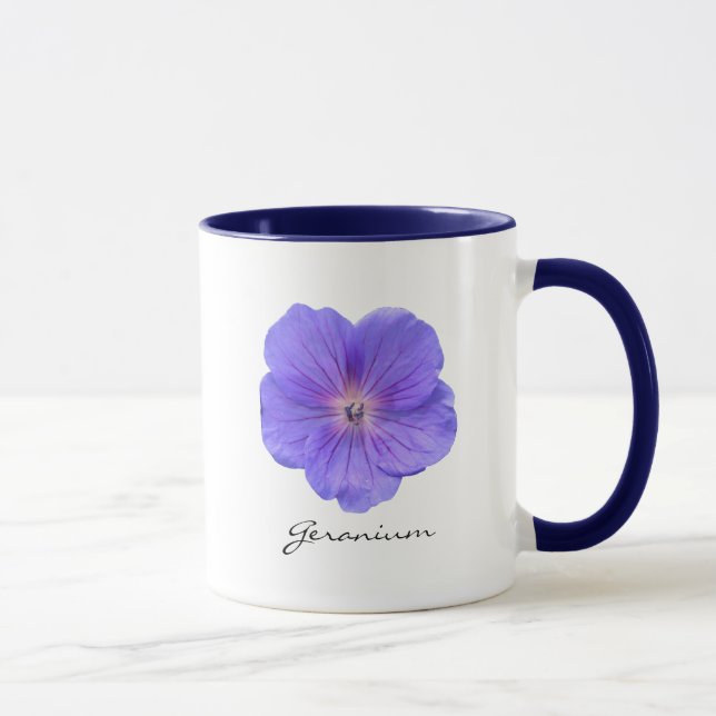 Botanisches blaues Pelargonie-Blumen-Foto mit Tasse (Rechts)