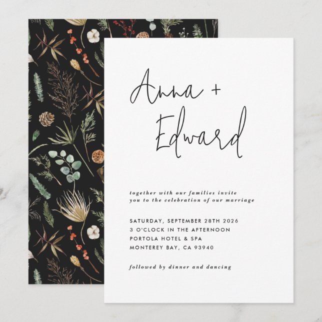 Botanisches blühendes Hochzeitschwarz Einladung (Vorne/Hinten)