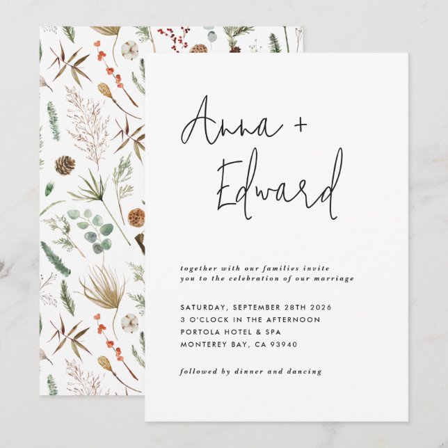 Botanisches blühendes Hochzeitschwarz Einladung (Vorne/Hinten)