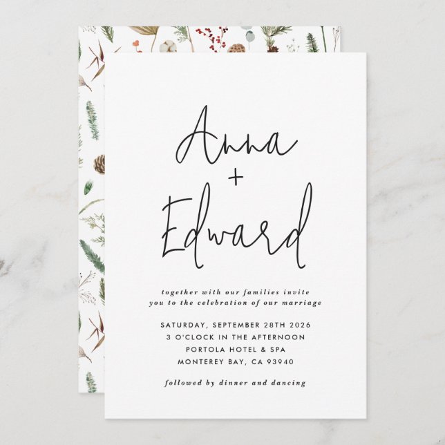 Botanisches blühendes Hochzeitschwarz Einladung (Vorne/Hinten)