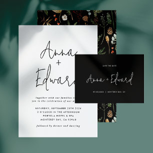 Botanisches blühendes Hochzeitschwarz Einladung