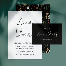 Botanisches blühendes Hochzeitschwarz Einladung