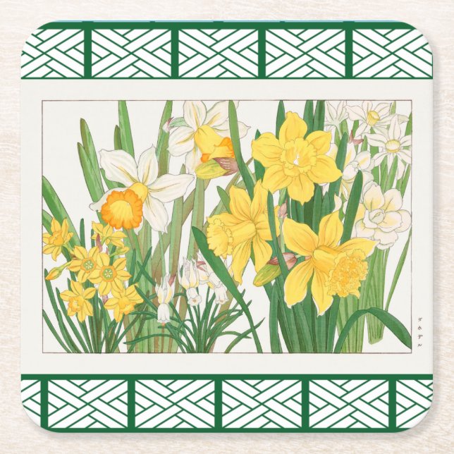 Botanisches Blumengrün und Gelb Rechteckiger Pappuntersetzer (Vorderseite)