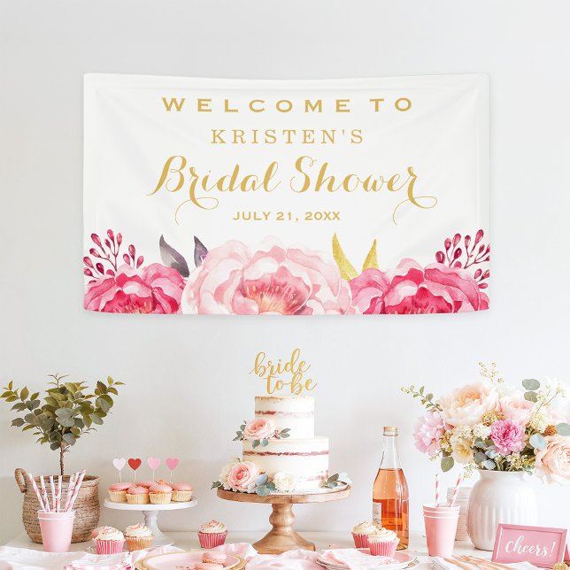 Botanisches Blush Floral Gold Blume Brautparty Banner (Von Creator hochgeladen)