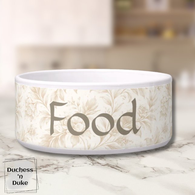 Botanisches Blütenmuster Soft Ivory Haustier Napf (Dog Food Bowl with ivory botanical design displayed on marble counter top)
