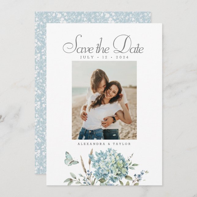 Botanisches Bohemisches Blue Watercolor Hochzeitss Save The Date (Vorne/Hinten)