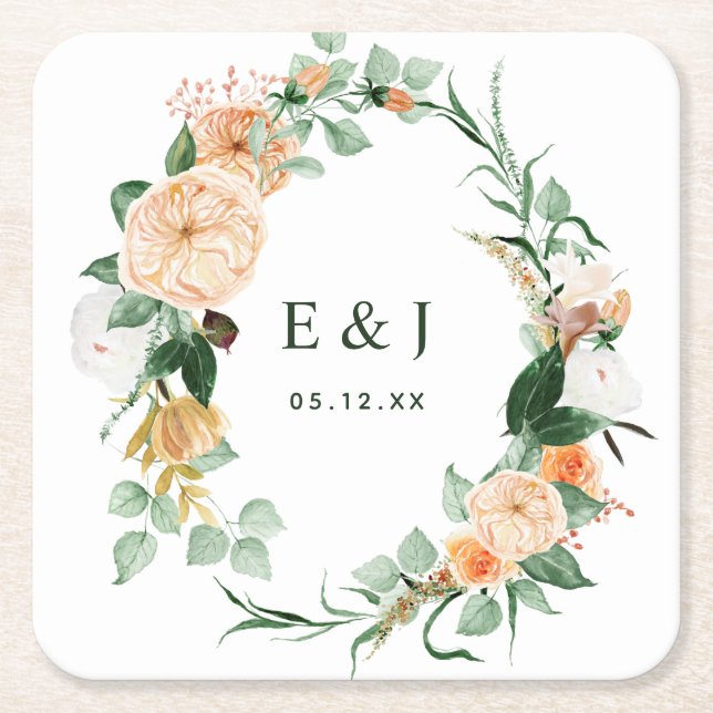 Botanisches Boho Blumengrün Monogram Wedding Rechteckiger Pappuntersetzer (Vorderseite)