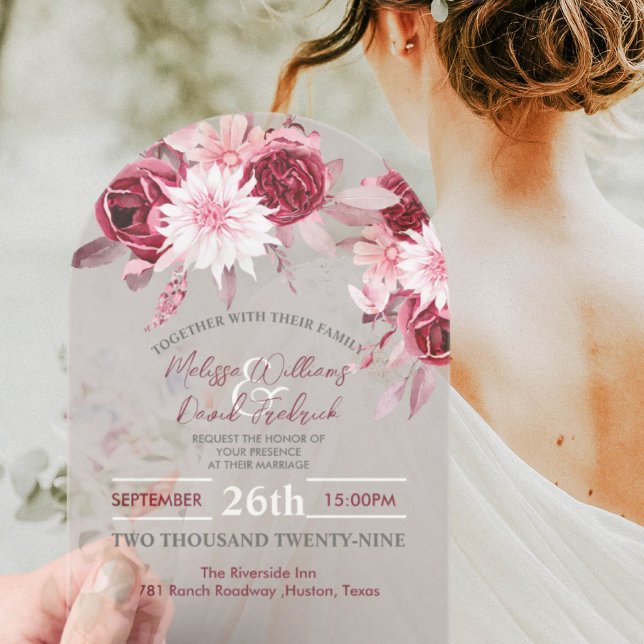 Botanisches Boho Chic Blume Blush Burgundy Wedding Acryleinladungen (Botanical Boho Chic Flowers Blush Burgundy Wedding Acrylic Invitations)