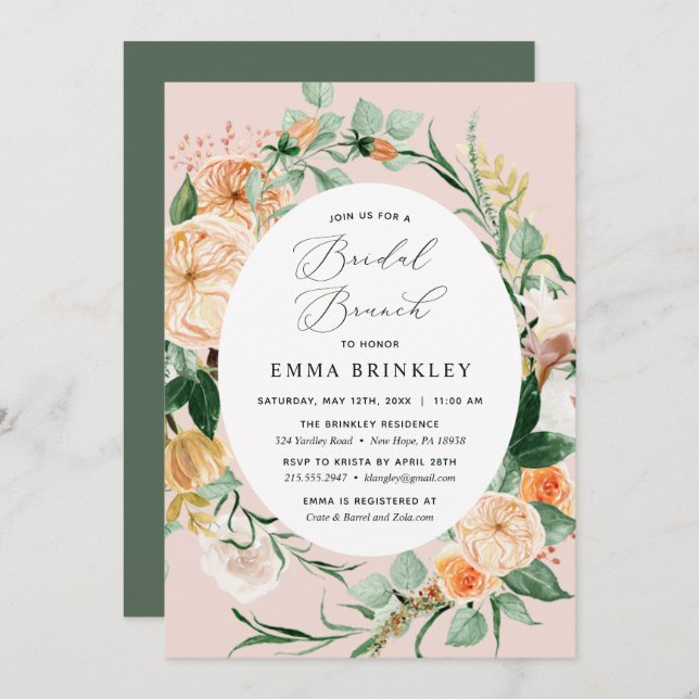 Botanisches Boho Greenery Blush Pink Bridal Brunch Einladung (Vorne/Hinten)