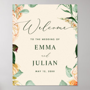 Botanisches Boho Greenery Peach Wedding Begrüßungs Poster