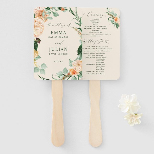 Botanisches Boho Greenery Peach Wedding Programm Fächer (Vorne und Hinten)