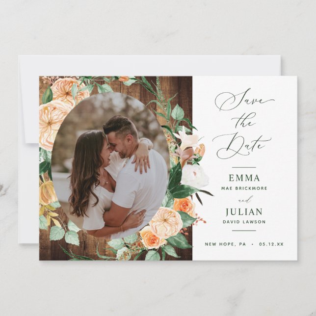 Botanisches Boho Greenery Rustic Barn Wood Foto Save The Date (Vorderseite)