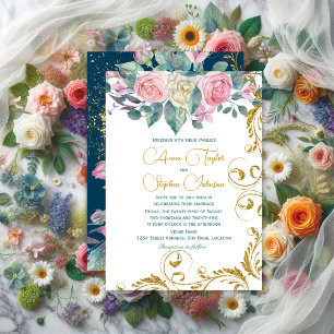 Botanisches Bouquet mit falschen goldenen Glitzerw Einladung