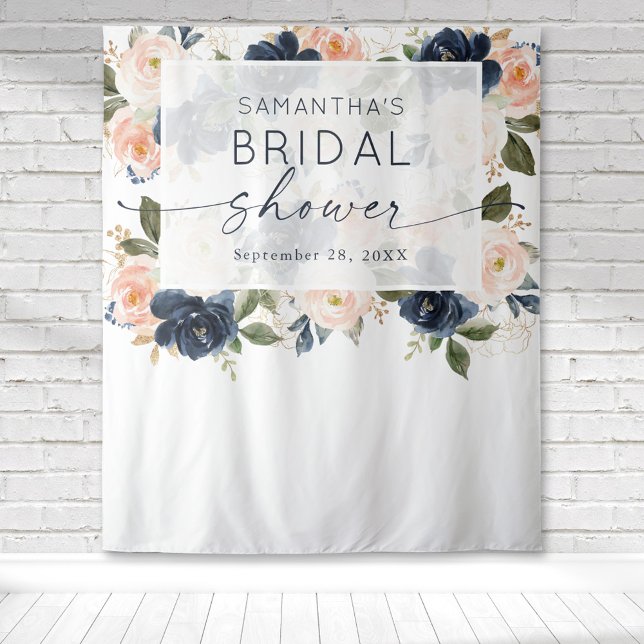 Botanisches Brautparty Floral Wandteppich (Blush pink and navy blue floral botanical watercolor bridal shower tapestry for the perfect backdrop)