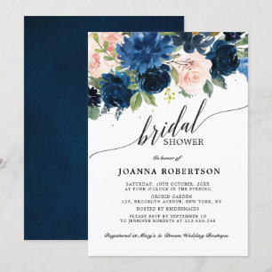 Botanisches Brautparty Navy Blue Blush Pink Rose Einladung
