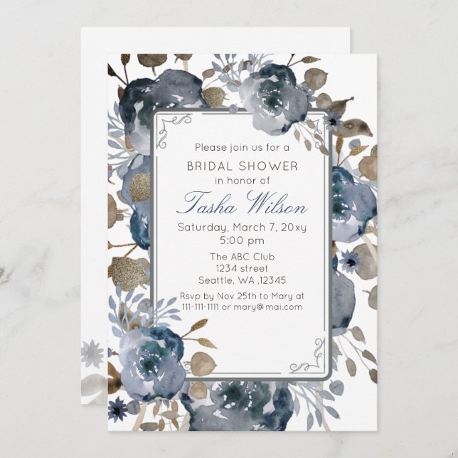 Botanisches Brautparty Vintag Blue Gold Floral Einladung (Vorne/Hinten)