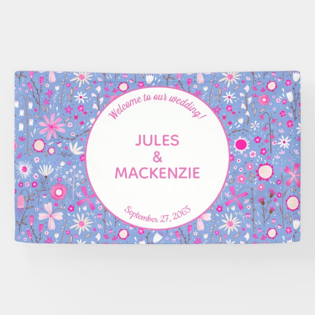 Botanisches Bright Blue Wildblume Blumenhochzeit Banner (Horizontal)