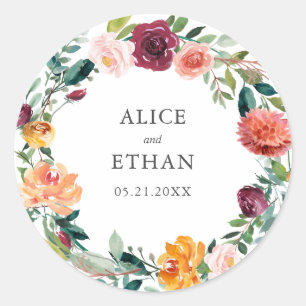 Botanisches Burgundy-Organge-Wreath-Hochzeit Runder Aufkleber