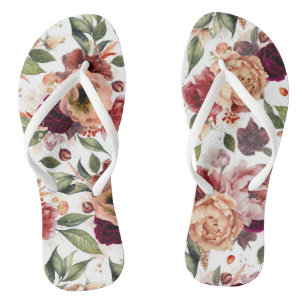 Botanisches Burgundy Rot und Orangefarbenes Muster Flip Flops
