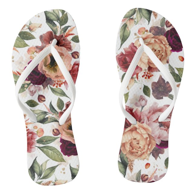 Botanisches Burgundy Rot und Orangefarbenes Muster Flip Flops (Fußbett)