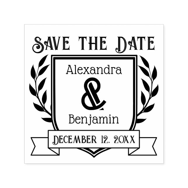Botanisches Couple Wappen Ribbon Save the Date Permastempel (Design)