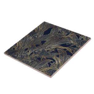 Botanisches Design der modernen Blue Gold Foliage  Fliese