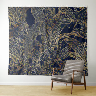 Botanisches Design der modernen Blue Gold Foliage Wandteppich
