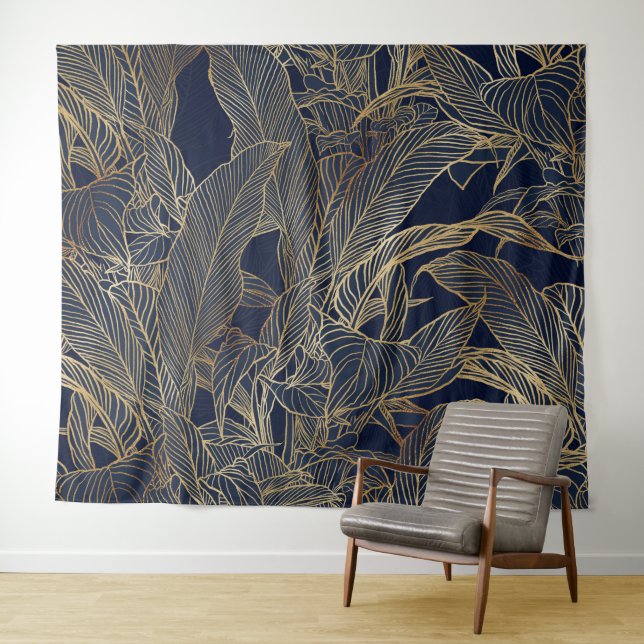 Botanisches Design der modernen Blue Gold Foliage  Wandteppich (Beispiel (Horizontal))
