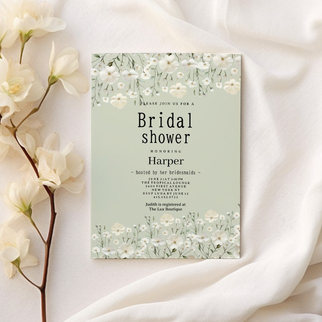 Botanisches Elfenbein-Brautparty, zart Einladung (Botanical ivory mint delicate floral Bridal Shower)