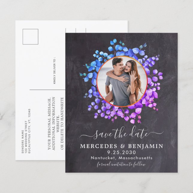 Botanisches Eukalyptus-Save the Date Foto (Vorne/Hinten)