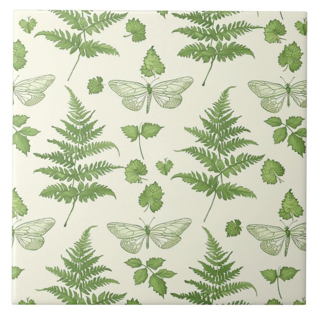 Botanisches Farn-Design Grüne Gelbe Keramikfliese (Vorderseite)