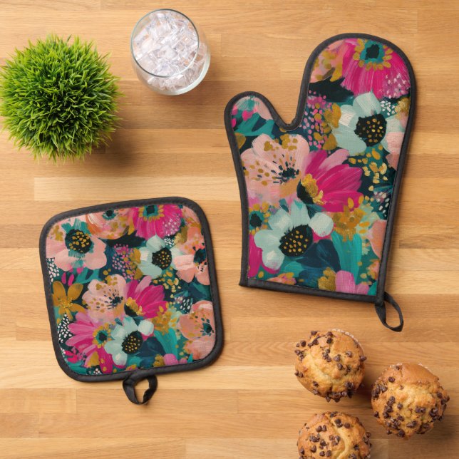 Botanisches Floral  Ofenhandschuh & Topflappen-Set (Oben Unten)