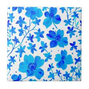Botanisches Florales in Tiefblau und Weiß Fliese