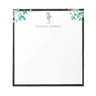 Botanisches Florales Seepferd Schwarzer Rahmen Notizblock