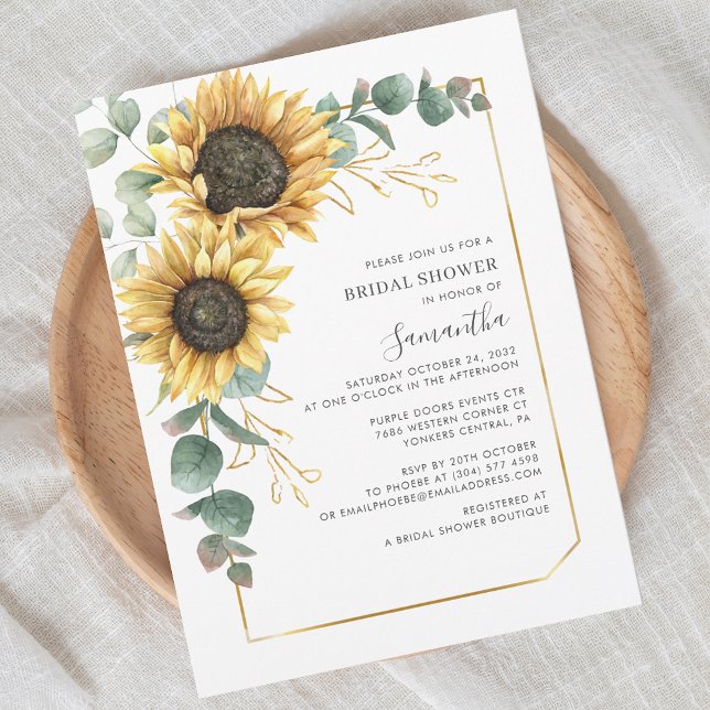 Botanisches Foliage-Brautparty Einladung (Floral Sunflower Eucalyptus Script First Name Bridal Shower Invitation)