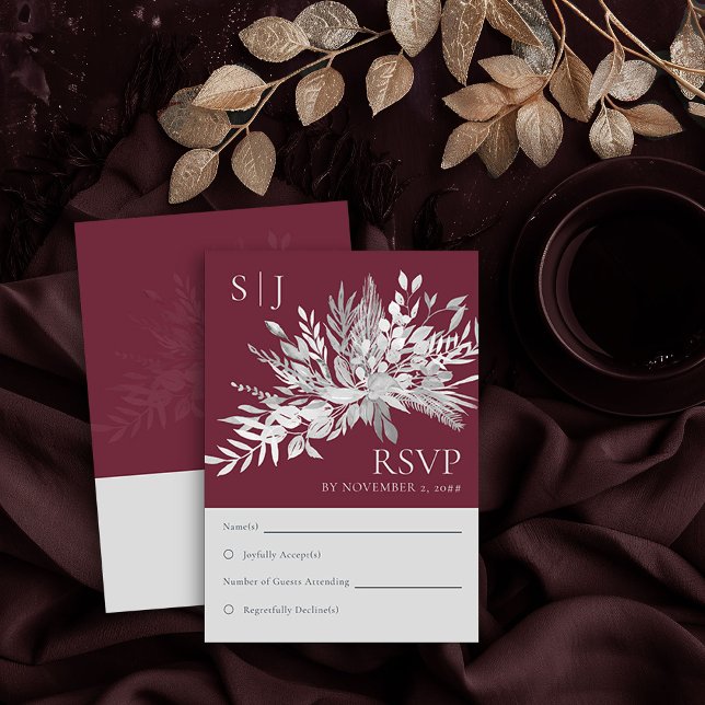 Botanisches Foliage Burgundy Monogram Wedding RSVP (RSVP Card in Burgundy and Grey from the Foliage Duet Collection by Darling & May)