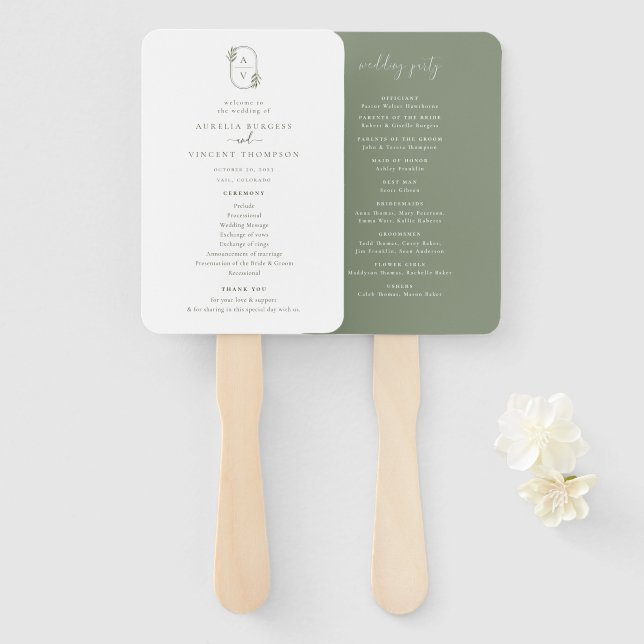 Botanisches Foliage Monogram Wedding Program Fächer (Vorne und Hinten)