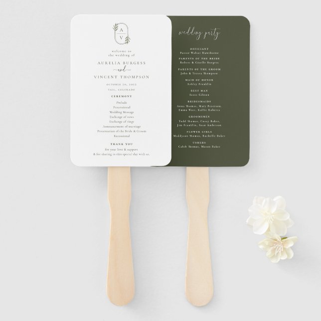 Botanisches Foliage Monogram Wedding Program Fächer (Vorne und Hinten)