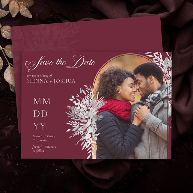 Botanisches Foto Botanisches Foliage Burgund Horiz Save The Date (Photo Save the Date Invite in Burgundy and Grey from the Foliage Duet Collection by Darling & May)