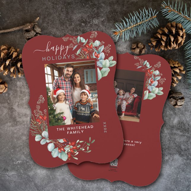 Botanisches Foto Burgund Feiertagskarte (You will love these beautiful Christmas cards! They feature botanical watercolor pine and berries.)