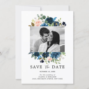 Botanisches Foto Navy Blue Blush Pink Rose Save The Date