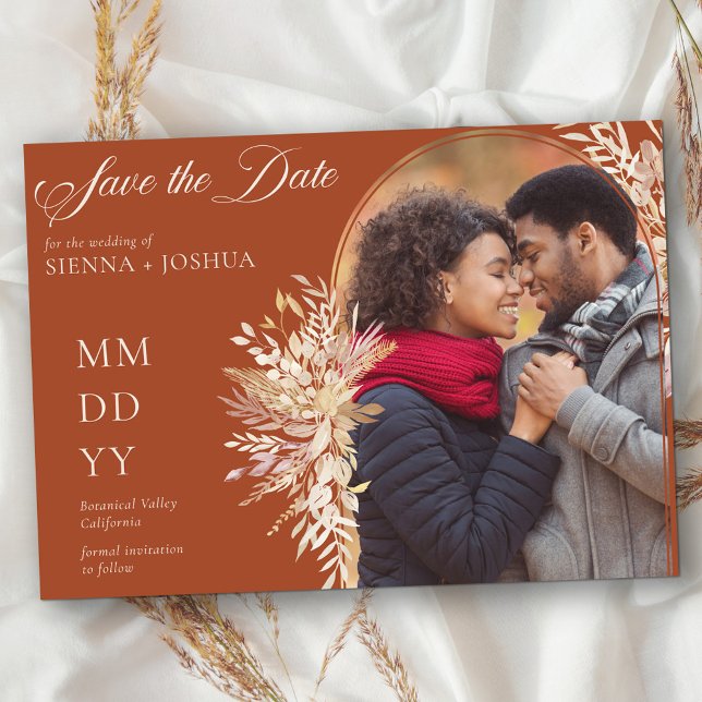Botanisches Foto Terracotta Horizontal Save The Date (Modern wedding arch photo framed with neutral fall leaves on burnt orange save the date)