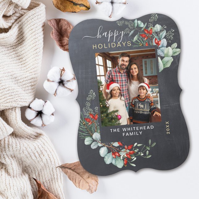 Botanisches Foto Wasserfarbe Tafel Feiertagskarte (You will love these beautiful Christmas cards! They feature botanical watercolor pine and berries.)