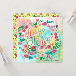 Botanisches Gelb & rosa Frühlingsblumen Karte